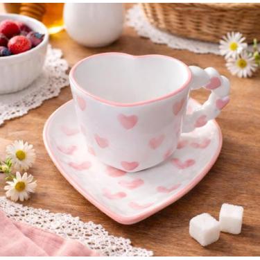 Imagem de Xícara de Porcelana Formato Coração com Pires  Caneca de Café e Chá Cr