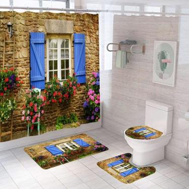 Imagem de Conjunto de banheiro: janela rústica, cortina de chuveiro floral, poli