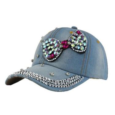 Imagem de Boné de beisebol, jeans, algodão, strass, decoração de laço feminino -