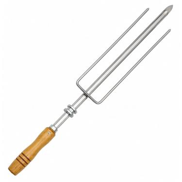 Imagem de Espeto Inox Triplo Com Garfo Roldana Para Churrasqueira Rotativa Cabo Madeira - 420 Matrinox 