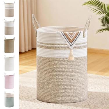 Imagem de Novo cesto de corda de algodão marrom, cesta de armazenamento de tecido 58L para cobertores, brinquedos, roupas, cesto de roupa grande de vime infantil, cesto de roupa suja alto com alças, decoração