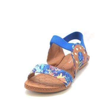 Imagem de Sandalia Feminina Em Tecido Flex Ajuste em Elastico Conforto Rasteirinha Azul Floral
