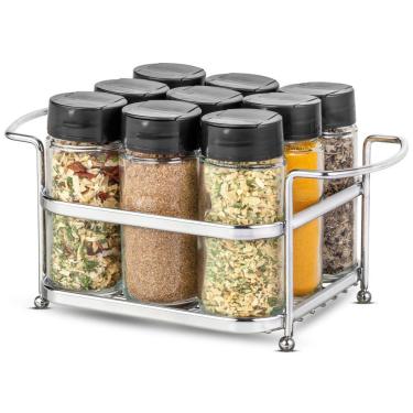 Imagem de Porta Temperos Condimentos 9 Potes de Vidro Organizador Suporte Cromado