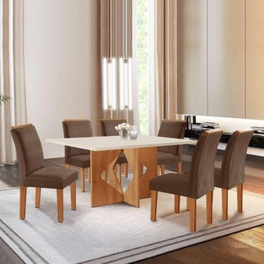 Imagem de Conjunto Sala de Jantar Mesa Laura Tampo Dakota Plus 160X80cm com 6 Cadeiras Laura Yescasa Cinamomo/Off White/Suede Animale