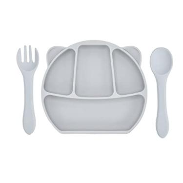Imagem de burko Placas de sucção de silicone para bebês com alimentação automática Placa de sucção para bebês com colher e garfo de silicone BPA Free Design dividido para lava-louças e micro-ondas
