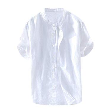 Imagem de YHEGHT Camisas de algodão blusa lisa de linho retrô camiseta masculina curta folgada manga de botão camisa social masculina e, Branco, XXG