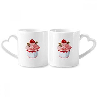 Imagem de Conjunto de canecas de porcelana para casal de sorvete rosa sabor cereja e alça de coração