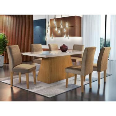 Imagem de Conjunto de Mesa de Jantar Luna com Vidro e 6 Cadeiras Grécia Veludo Chocolate e Off White