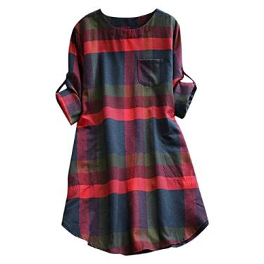 Imagem de UIFLQXX Vestido maxi feminino casual 2023 casual manga longa solto estampa xadrez camisa vestido midi manga listrada, Vermelho, G