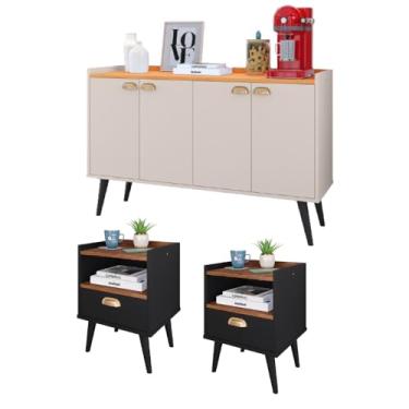 Imagem de Kit Casa Completa 2 Mesas Cabeceira Estilo Mesinhas Lateral Cama Aparador Buffet Kiev Cantinho Café Cozinha Sala Estar - RPM Móveis (Preto/Freijó | Off/Cinamomo)