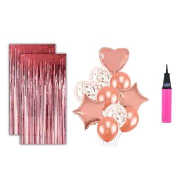 Imagem de Kit 2 Cortinas Metalizadas e 10 Balões Coração Estrela Metalizado Festa Decoração + Bomba de Ar- Rose Gold