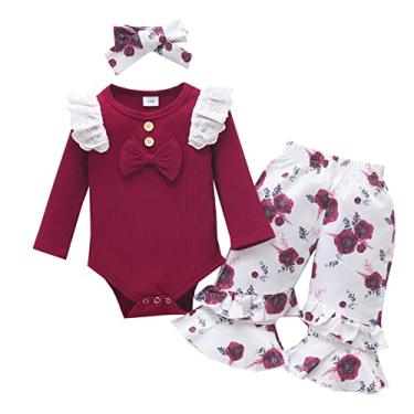 Imagem de Macaquinho de manga comprida para bebês recém-nascidos, meninas, meninos, estampa de flores, calças trompete (vermelho, 12-18 meses)