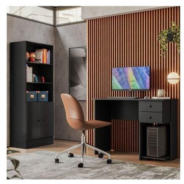 Imagem de Conjunto Home Office 2 Peças 1 Escrivaninha 2 Gavetas e 1 Armário Gamer 2 Portas Espresso Móveis Preto