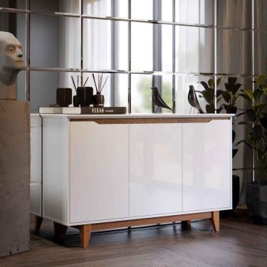 Imagem de Aparador Buffet Quarto Sala Flow 3 Portas com Pés de Madeira Branco com Freijó - Rede Móveis