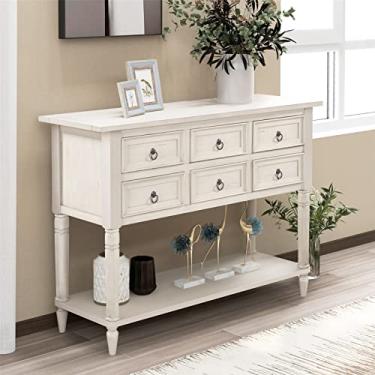 Imagem de Mesa de console moderna de 117 cm com 6 gavetas e 1 prateleira aberta, mesa longa de sofá/corredor com estante aberta de armazenamento para escritório, cozinha, quarto, sala de estar (cinza) (branco)