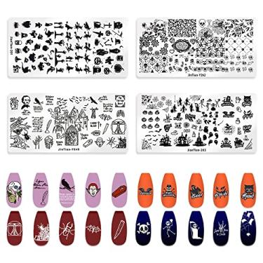 Imagem de 4 peças de placas de estampagem de unhas de Halloween, flores, caveiras, modelos de placas de arte de unhas, abóbora, fantasma, conjunto de carimbos de unhas, aranha, bruxa, estênceis de unha,