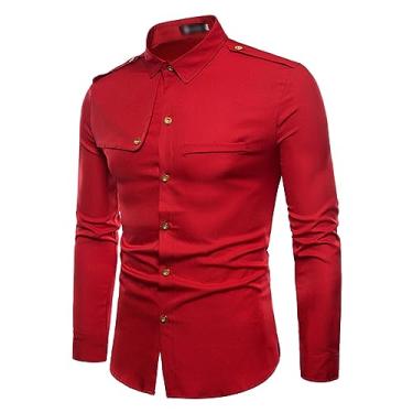 Imagem de Camisa social masculina de manga comprida slim fit abotoada, lisa, confortável para a pele, Vermelho, G