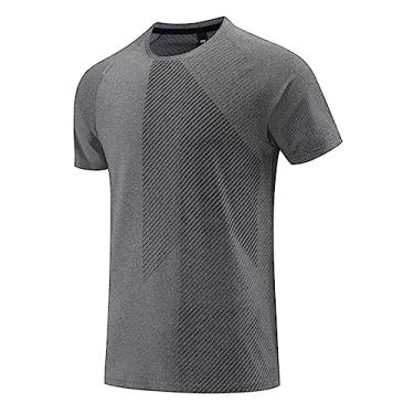 Imagem de Camiseta masculina atlética de manga curta, ajuste solto, impressão de secagem rápida, leve, fina, lisa, academia, Cinza, XG