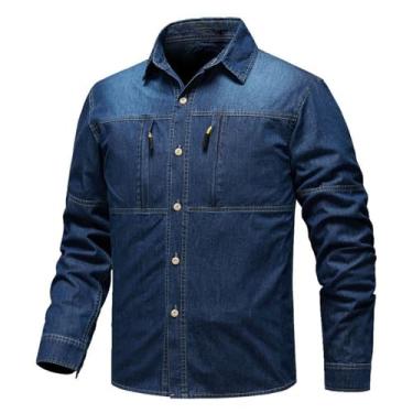 Imagem de Camisa jeans masculina, manga comprida, cor sólida, botões frontais, gola aberta, caimento solto, Azul-escuro, XG