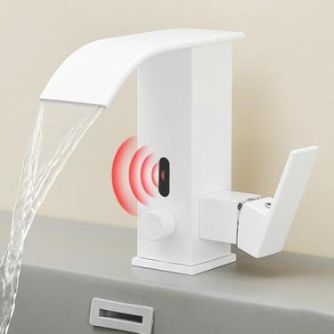 Imagem de Torneira de lavatório torneira de sensor inteligente, quente e frio totalmente automático manual duplo uso torneira lavatório cachoeira (cor: branco elegante)