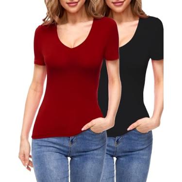 Imagem de Urvicor Camisetas femininas de malha elástica com gola V e manga curta, pacote com 2, Preto + vinho, M