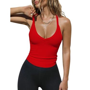 Imagem de KIGRAD Camiseta regata feminina sem mangas com decote em V costas nadador básicas com nervuras camisetas justas para sair verão, Vermelho, P