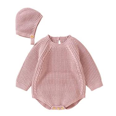 Imagem de Macaquinho de malha para bebês recém-nascidos com chapéu, macacão de manga comprida para meninos e meninas top outono inverno 0-18, rosa, 0-3 Months