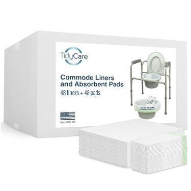 Imagem de Forros de cómoda de cabeceira TidyCare e almofadas absorventes para balde e comadre de cadeira de banheiro portátil | Pacote de 48 sacos de lixo descartáveis ​​e 48 absorventes | Ajuste Universal