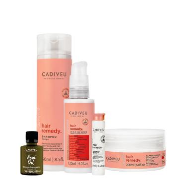 Imagem de KIT CADIVEU ESSENTIALS HAIR REMEDY SHAMPOO MáSCARA LEAVE-IN SéRUM AMPOLA E AçAí OIL (5 PRODUTOS) 