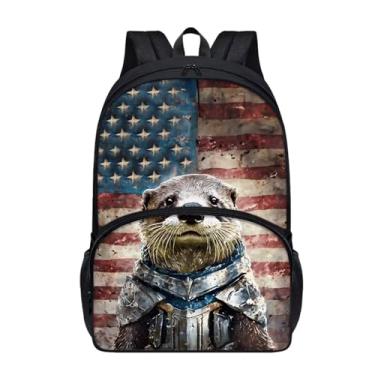 Imagem de Suobstales Mochila para crianças, meninos, meninas, 43 cm, mochila escolar de viagem, mochila escolar grande com bolso com zíper, Bandeira americana Knight Otter Grunge, One Size