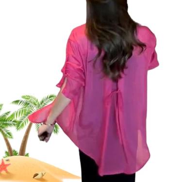 Imagem de Camisa de chiffon com protetor solar de verão, camisa de proteção solar, material de seda, blusa feminina de chiffon com proteção solar de manga comprida, Rosa, 2xl (63-67.5kg)