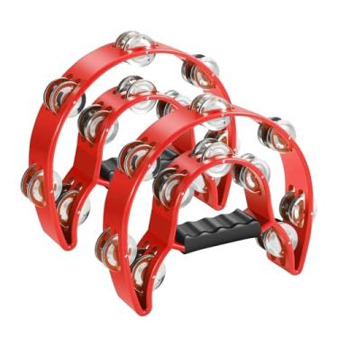 Imagem de Flexzion Tamborim musical Half Moon (pacote com 2, vermelho) duas fileiras metálicas jingles à mão tambor de percussão com alça ergonômica