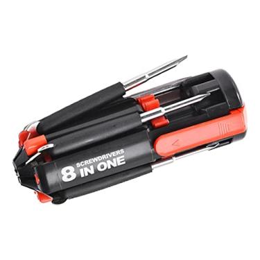 Imagem de Pilarmuture Chave de fenda multifuncional 8 em 1 com lanterna, catraca, dobrável, preta, cabeça chata, adequada para brinquedos, eletrodomésticos, câmeras, computadores, bicicletas