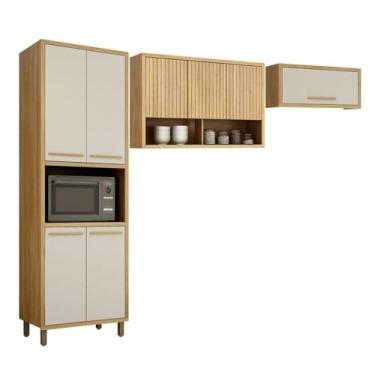 Imagem de Conjunto Armário de Cozinha com Armário Paneleiro 4 Portas com Nicho e 2 Armários Aéreo Torino Cinamomo/Off White