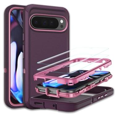 Imagem de Capa para Google Pixel 9 Pro XL com [2 unidades] protetor de tela HD, [grau militar] à prova de choque à prova de poeira/queda, 3 camadas, capa resistente para Pixel 9 Pro XL, roxo escuro