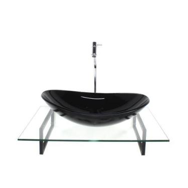 Imagem de Kit cuba de vidro oval preta com tampo 60cm incolor e suporte preto - 