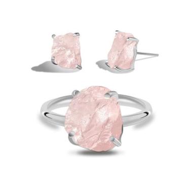 Imagem de Conjunto de Quartzo Rosa - Cristal Natural, Prata 925