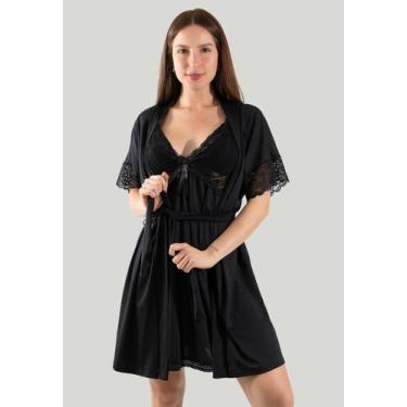 Imagem de Robe Romantic Renda Feminino Luxo Manga Curta Sexy - DILUXO, Preto, M