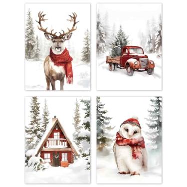 Imagem de TLESKE Conjunto de 4 pôsteres de animais da floresta nevada de Natal de inverno, sem moldura, coruja, alce, coruja, alce, coruja, cachecol vermelho, decoração para quarto de berçário, imagens de