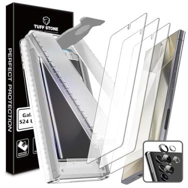 Imagem de [3 + 1] [com kit de instalação] 3 protetores de tela de filme de vidro híbrido flexível + 1 protetor de lente entalhada 3D + EZ KIT ZERO compatível com Samsung Galaxy S24 Ultra 5G 2024 alinhamento