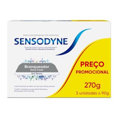 Imagem de Sensodyne Creme Dental Branqueador Extra Fresh com Flúor, Anti Tártaro, Proteção Diária Contra Sensibilidade, Dentes Fortes e Gengivas Saudáveis, Leve 3 e Pague 2, 90g cada