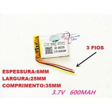 Imagem de Bateria 3,7v 6mm X 25mm X 35mm Com 600 Mah E 3 Fios Cr - KMIG