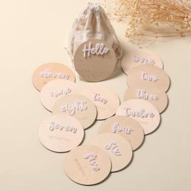 Imagem de Ylsteed Cartões de marco do bebê Cartões de marco mensal de madeira com sinais de anúncio sinais de meses de bebê adereços para fotos recém-nascidos presentes de chá de bebê e gravidez para meninos