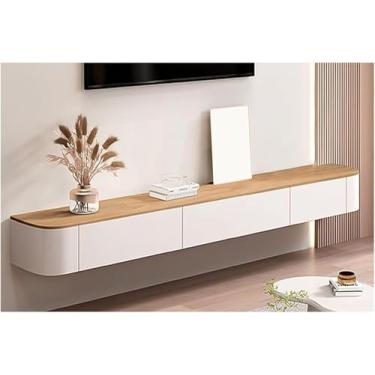 Imagem de Suporte de TV de madeira, console de TV branco com gavetas, prateleira flutuante de TV para sala de estar, mesa de TV de centro de entretenimento com armazenamento, suporte de TV longo para montagem