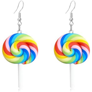Imagem de Brincos de gota com pingente de gancho de Halloween fofo colorido colorido pirulito arco-íris leve para mulheres adolescentes meninas adoráveis doces comida açúcar charme pendurado hipoalergênico moda