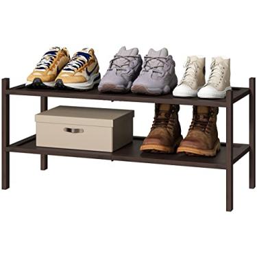 Imagem de Sapateira de bambu, 2 camadas, sapateiras para armário de corredor de quarto, organizador de sapatos estreito para entrada de armário, prateleira de sapatos, marrom rústico e preto