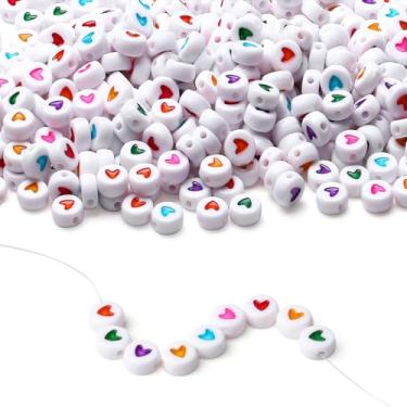 Imagem de LAIDANLA 1500 peças de contas de acrílico letras alfabeto coração colorido contas redondas brancas 7 × 4 mm para joias, pulseiras, colares, chaveiros