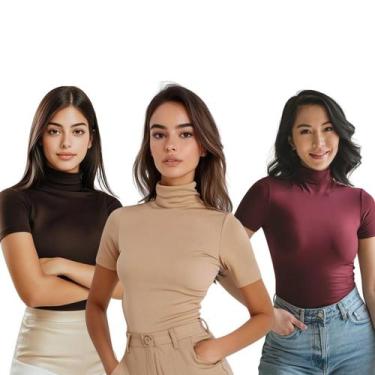 Imagem de Kit 3 Blusa Feminina Cacharrel Manga Curta Gola Alta - Contramão SP, V