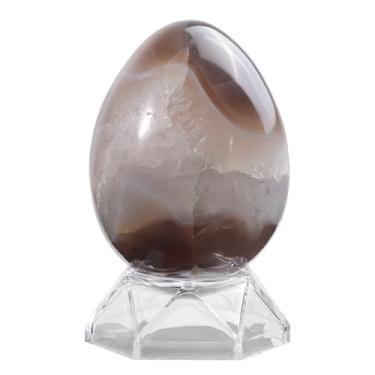 Imagem de Nupuyai Estátua de ovo de ágata de 7,6 a 9 cm com suporte de acrílico, estatueta de bola de pedra de cristal esculpida polida para decoração de escritório em casa