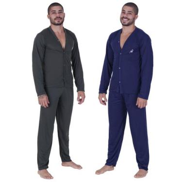 Imagem de Kit com 2 pijamas manga longa masculino com botões ideal para pós cirú